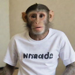 A monkey wearing makeup and a shirt with the word 'NANDA' written on it