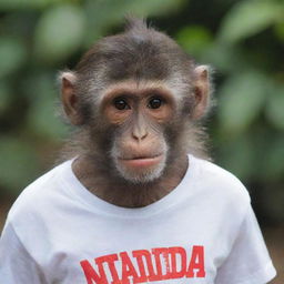 A monkey wearing makeup and a shirt with the word 'NANDA' written on it