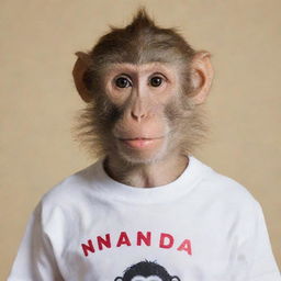 A monkey wearing makeup and a shirt with the word 'NANDA' written on it