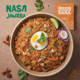 A vibrant banner featuring 'Nasi Goreng Jawara', a famous Indonesian stir-fried rice dish, with multi-color visuals of the dish, some aromatic spices and herbs, and bold, stylized typography