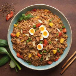 A vibrant banner featuring 'Nasi Goreng Jawara', a famous Indonesian stir-fried rice dish, with multi-color visuals of the dish, some aromatic spices and herbs, and bold, stylized typography