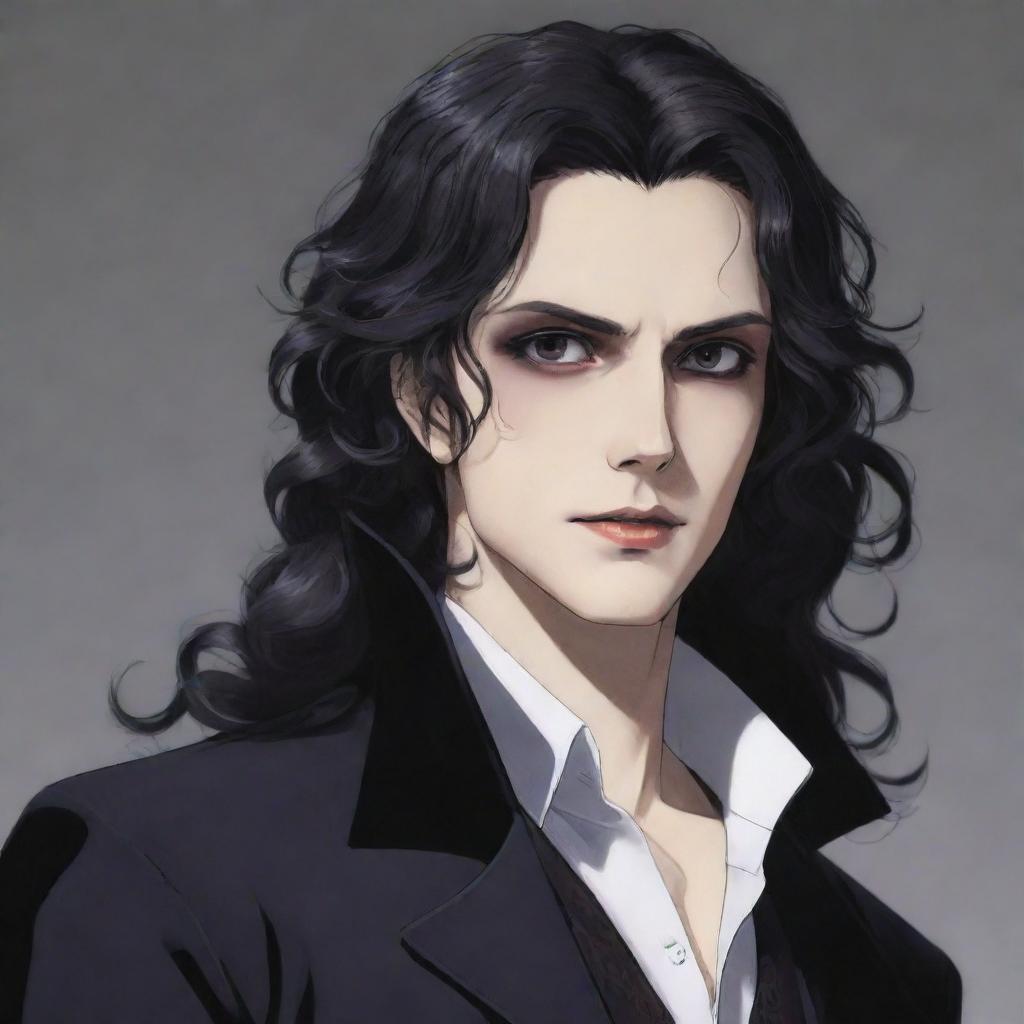 A vampire with medium-length wavy hair and black eyes in anime style