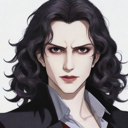 A vampire with medium-length wavy hair and black eyes in anime style