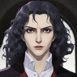 A vampire with medium-length wavy hair and black eyes in anime style