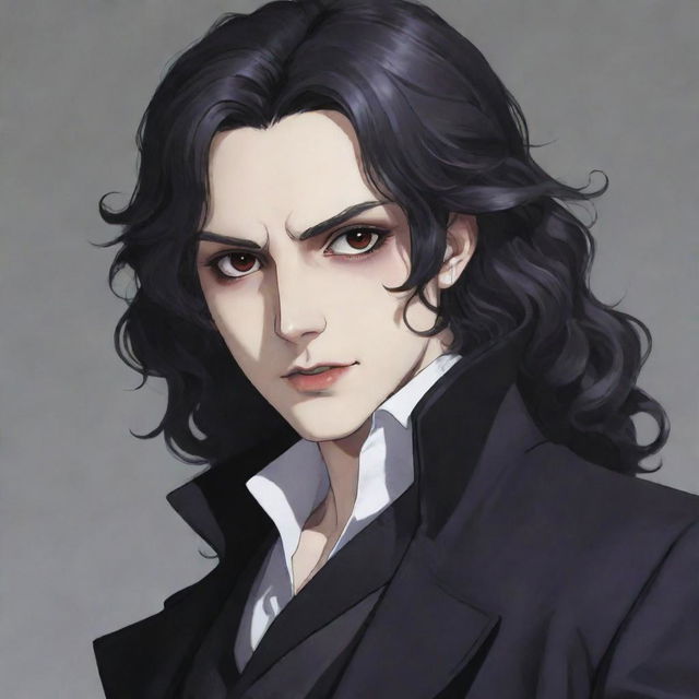 A vampire with medium-length wavy hair and black eyes in anime style