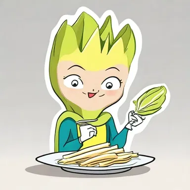 The cartoon character munches on a plate of endive leaves, hoping to gain some superpowers.