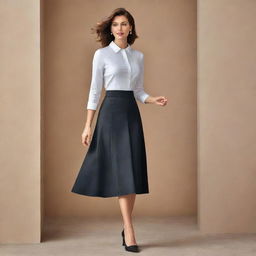 A sophisticated image of a woman elegantly dressed in a chic skirt, radiating grace and style and possesing a confident stance.