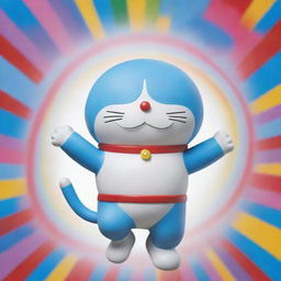 A high-definition image of the popular character Doraemon, depicted in a dynamic pose, set against a vibrant, colorful backdrop