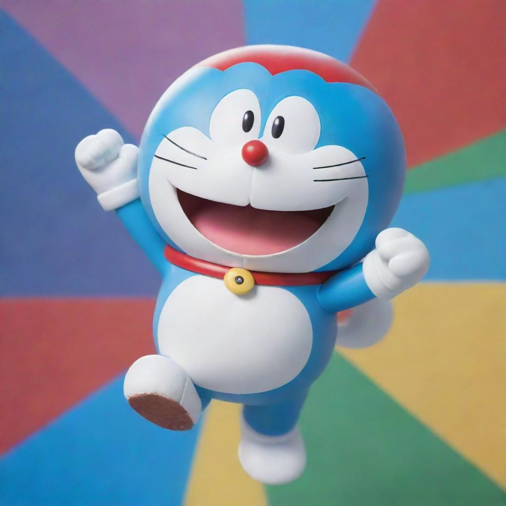 A high-definition image of the popular character Doraemon, depicted in a dynamic pose, set against a vibrant, colorful backdrop