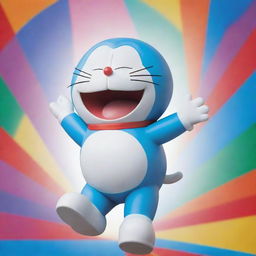 A high-definition image of the popular character Doraemon, depicted in a dynamic pose, set against a vibrant, colorful backdrop