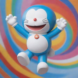 A high-definition image of the popular character Doraemon, depicted in a dynamic pose, set against a vibrant, colorful backdrop