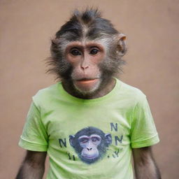 A monkey wearing makeup and a T-shirt inscribed with the word 'NANDA'