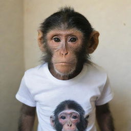 A monkey wearing makeup and a T-shirt inscribed with the word 'NANDA'