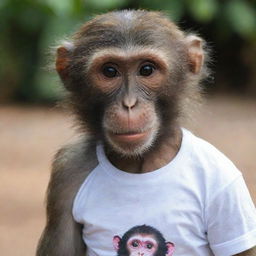 A monkey wearing makeup and a T-shirt inscribed with the word 'NANDA'