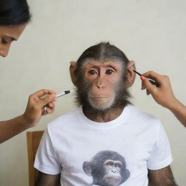 A monkey applying makeup and wearing a t-shirt with the word 'NANDA' on it