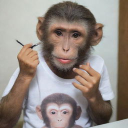 A monkey applying makeup and wearing a t-shirt with the word 'NANDA' on it