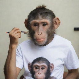 A monkey applying makeup and wearing a t-shirt with the word 'NANDA' on it