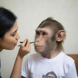 A monkey applying makeup and wearing a t-shirt with the word 'NANDA' on it