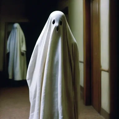The horror movie featured a scene where a ghostly figure emerged wearing off-the-shelf attire.
