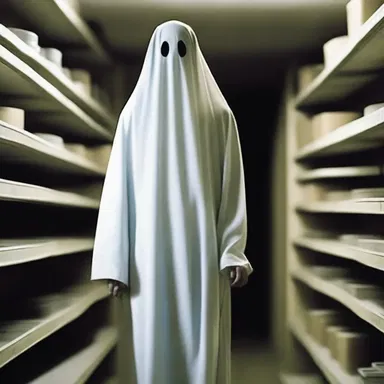 The horror movie featured a scene where a ghostly figure emerged wearing off-the-shelf attire.