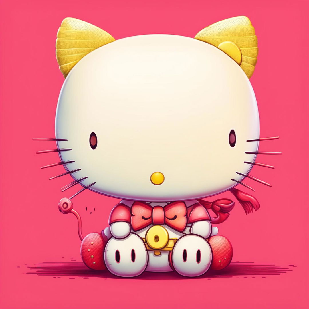 A high-definition cartoon illustration of Hello Kitty, drawn in a traditional style with a simple pastel pink background