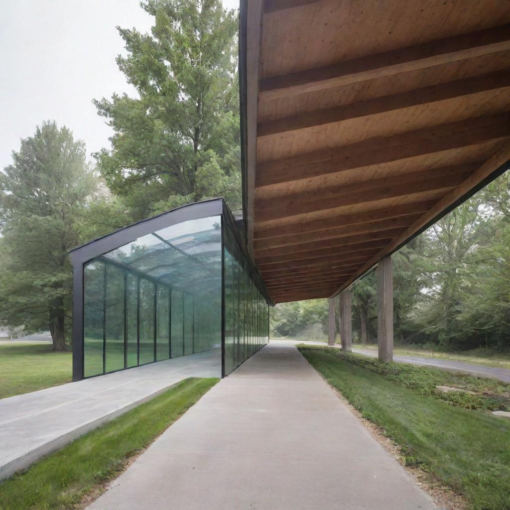 Create a covered bridge-like structure connecting two buildings, with walls and roof made of anti-fog glass. Inside the structure, there is an electric ramp. Below the bridge is a green space.