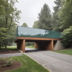 Create a covered bridge-like structure connecting two buildings, with walls and roof made of anti-fog glass. Inside the structure, there is an electric ramp. Below the bridge is a green space.