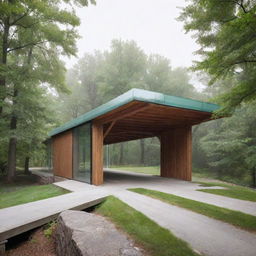 Create a covered bridge-like structure connecting two buildings, with walls and roof made of anti-fog glass. Inside the structure, there is an electric ramp. Below the bridge is a green space.