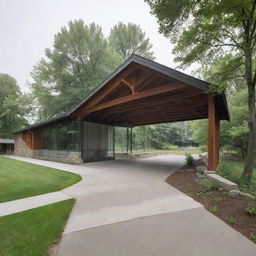 Create a covered bridge-like structure connecting two buildings, with walls and roof made of anti-fog glass. Inside the structure, there is an electric ramp. Below the bridge is a green space.