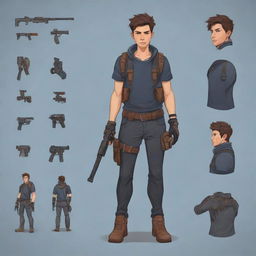 Generate a 2D character for a game adventure infused with modern style young fashion and equipped with dynamic, detailed weaponry.