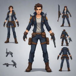 Generate a 2D character for a game adventure infused with modern style young fashion and equipped with dynamic, detailed weaponry.