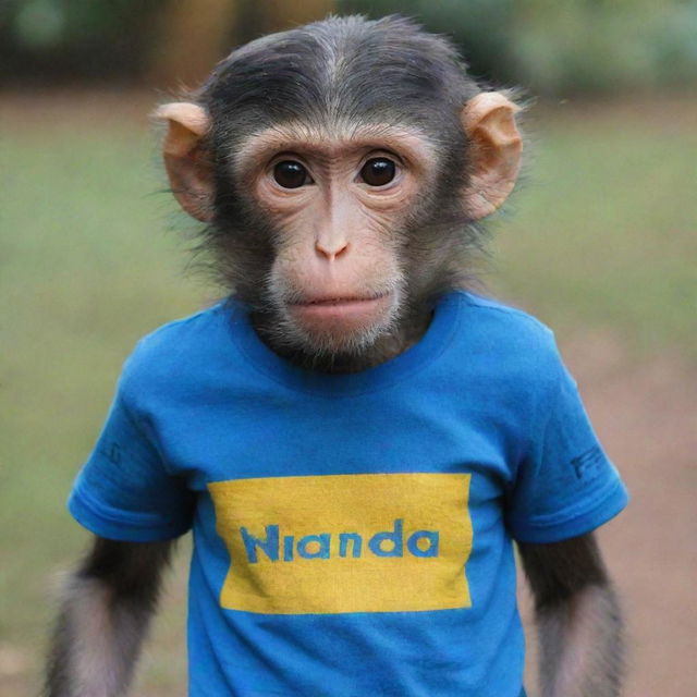 A monkey wearing a t-shirt with the word 'NANDA' on it