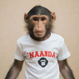 A monkey wearing a t-shirt with the word 'NANDA' on it