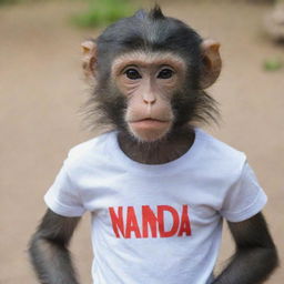 A monkey wearing a t-shirt with the word 'NANDA' on it