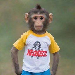 A monkey wearing a t-shirt with the word 'NANDA' on it