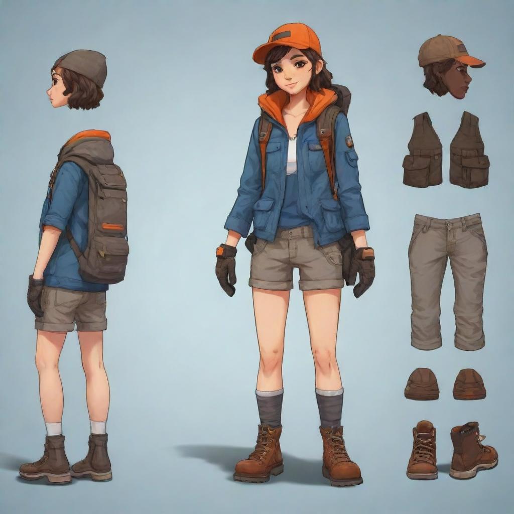 Generate a 2D character for a game adventure combining modern, youthful fashion, and equipped with a variety of trendy adventure gear.