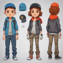 Generate a 2D character for a game adventure combining modern, youthful fashion, and equipped with a variety of trendy adventure gear.