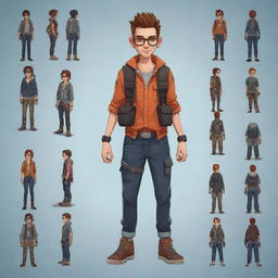 Generate a 2D character for a game adventure combining modern, youthful fashion, and equipped with a variety of trendy adventure gear.