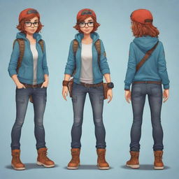 Generate a 2D character for a game adventure combining modern, youthful fashion, and equipped with a variety of trendy adventure gear.