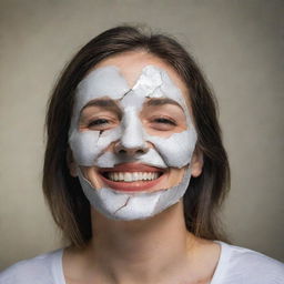 A woman wearing a cracked smile mask, demeaned by a man. The background illustrates the disruption of her feigned goodness. She looks upwards, confronting the aftermath of her misdeeds.