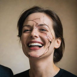 A woman wearing a cracked smile mask, demeaned by a man. The background illustrates the disruption of her feigned goodness. She looks upwards, confronting the aftermath of her misdeeds.