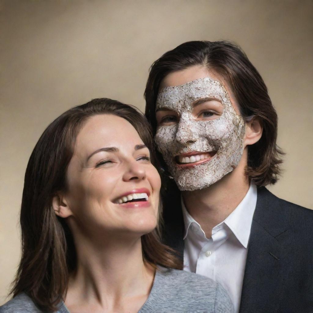 A woman wearing a cracked smile mask, demeaned by a man. The background illustrates the disruption of her feigned goodness. She looks upwards, confronting the aftermath of her misdeeds.