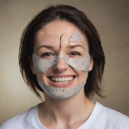 A woman wearing a cracked smile mask, demeaned by a man. The background illustrates the disruption of her feigned goodness. She looks upwards, confronting the aftermath of her misdeeds.