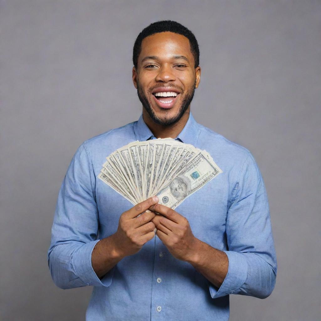 A confident man jubilantly holding a bundle of US dollar bills amounting to 1000 dollars