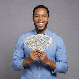 A confident man jubilantly holding a bundle of US dollar bills amounting to 1000 dollars