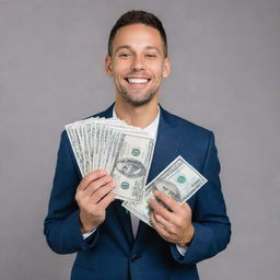 A confident man jubilantly holding a bundle of US dollar bills amounting to 1000 dollars