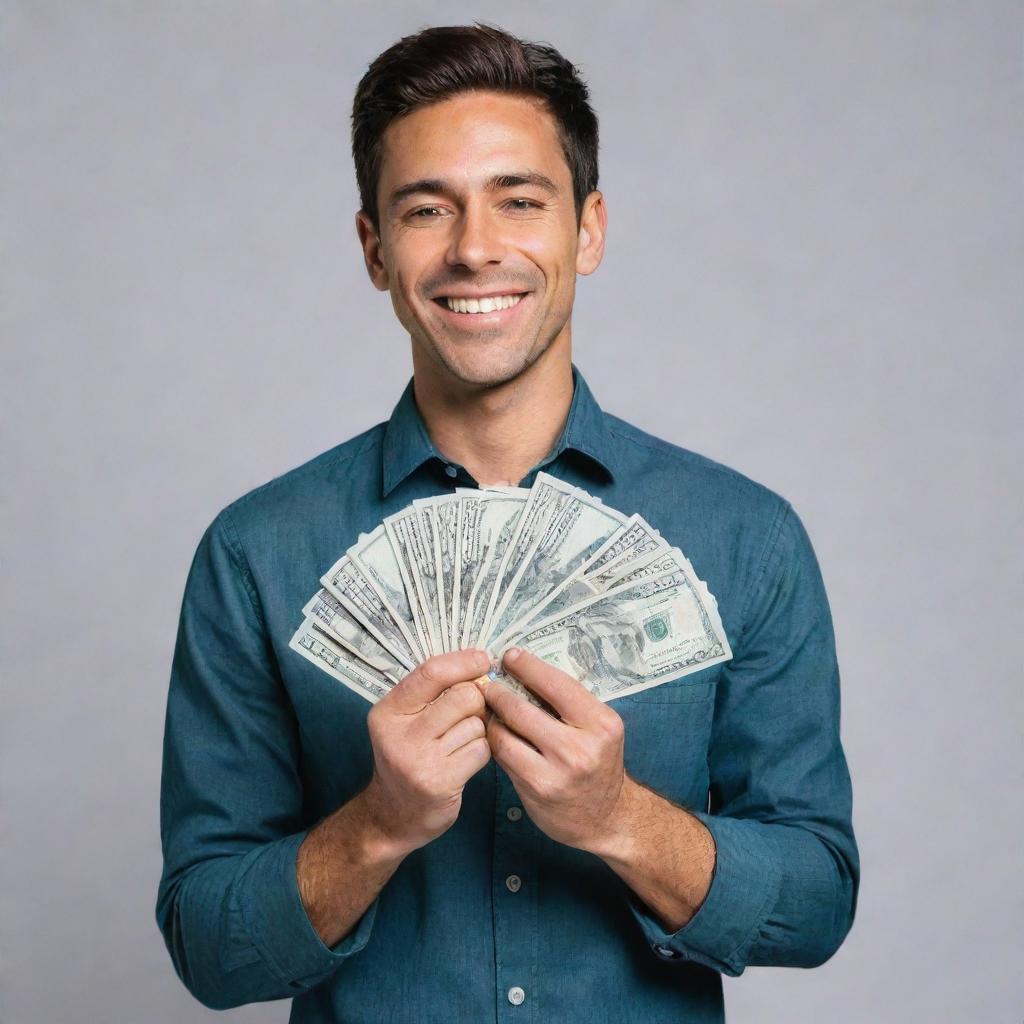 A confident man jubilantly holding a bundle of US dollar bills amounting to 1000 dollars