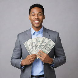 A confident man jubilantly holding a bundle of US dollar bills amounting to 1000 dollars