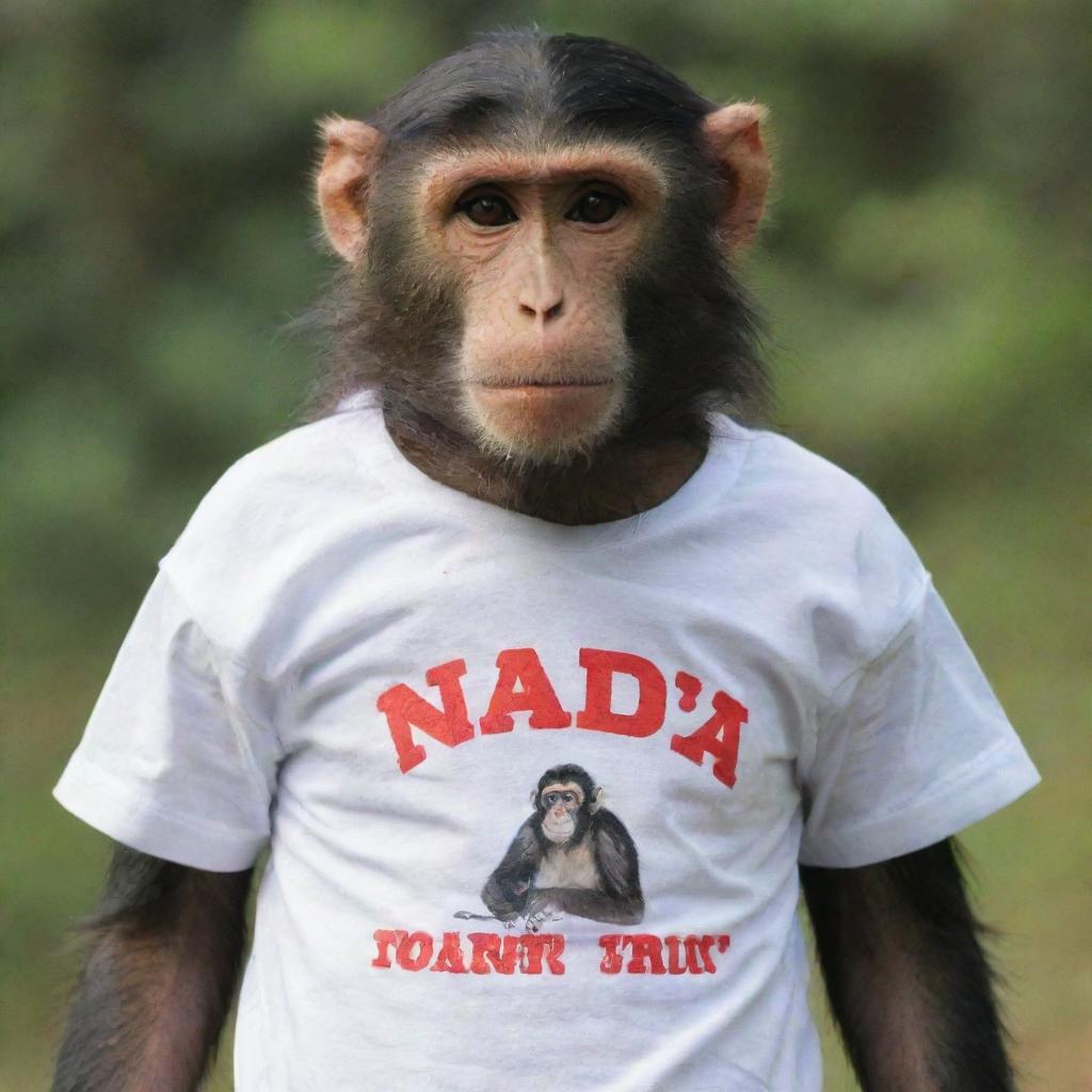 A large-chested monkey wearing a shirt with the inscription 'NANDA'