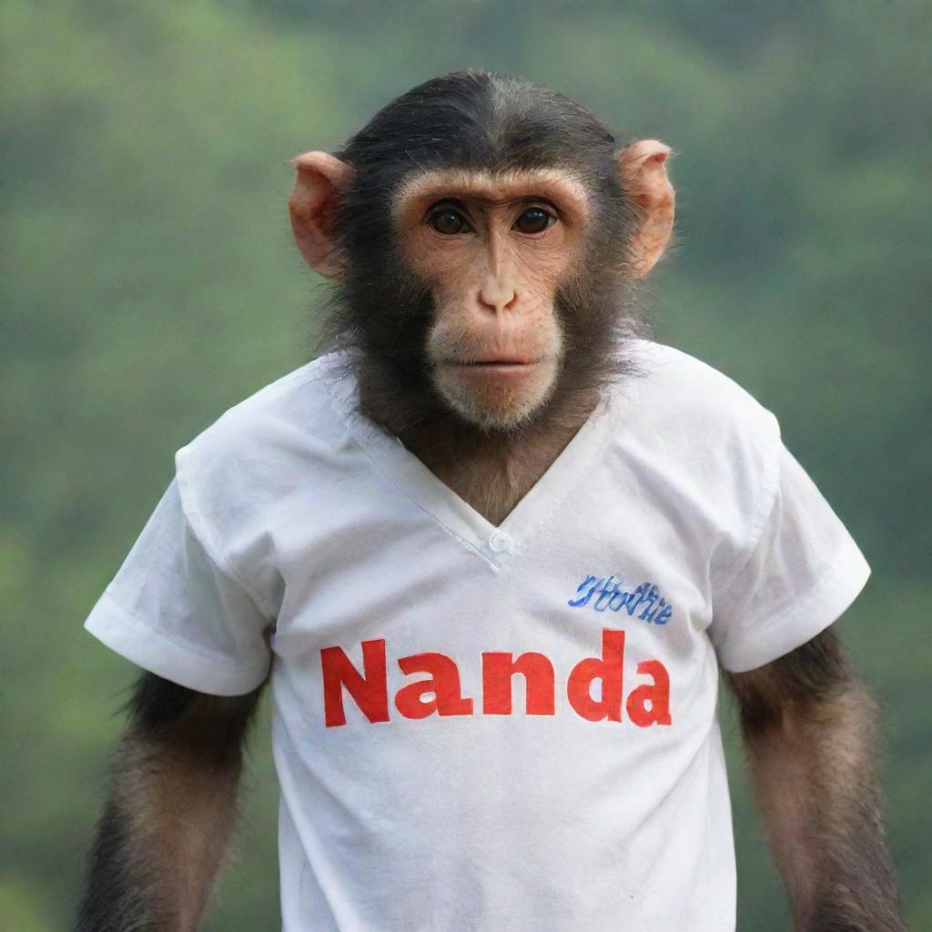 A large-chested monkey wearing a shirt with the inscription 'NANDA'